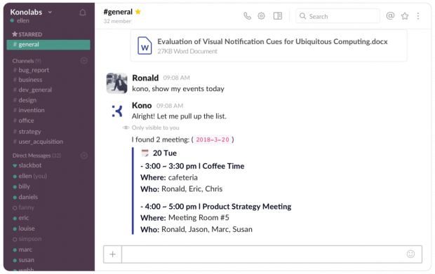 Auf Nachfrage zeigt der Slack-Bot Kono auch die Termine des Tages oder der Woche an. (Screenshot: Kono)