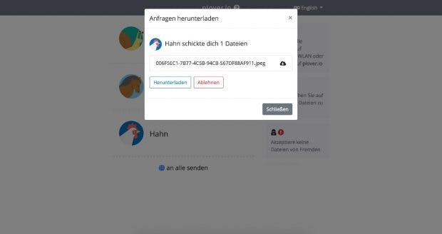 Der Empfänger bei Plover muss die Datei erst akzeptieren und kann sie dann herunterladen. (Screenshot: plover.io)