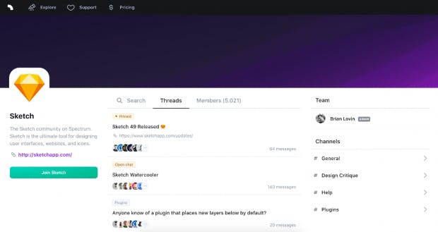 Auf der Spectrum-Website können Nutzer Communities finden, beispielsweise die von Sketch. (Screenshot: Spectrum)
