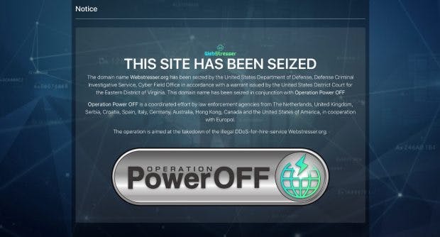 Die Website von Webstresser zeigt nur noch einen Hinweis auf die erfolgreiche Operation der Behörden. (Screenshot: webstresser.org)