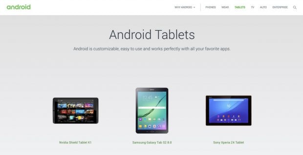 Zuletzt waren in der Android-Tablet-Übersicht veraltete Geräte aufgelistet. (Screenshot: <a href="https://web.archive.org/web/20180531184255/http://www.android.com/tablets/">Archive.org</a>