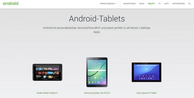 Auf Android.com sind die Android-Tablets wieder vorhanden – neue Modelle sind dort jedoch nicht zu finden. (Screenshot: t3n.de)