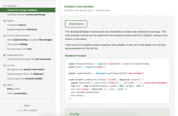 Die Electron-Demo-App veranschaulicht die ersten Schritte mithilfe von ausführbaren Code-Schnipseln. (Screenshot: t3n.de)