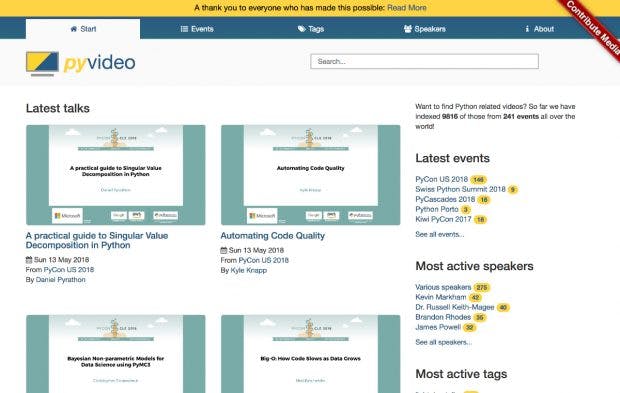 Pyvideo beitet fast 10.000 Vorträge zum Thema Pythin. (Screenshot: pyvideo.org)