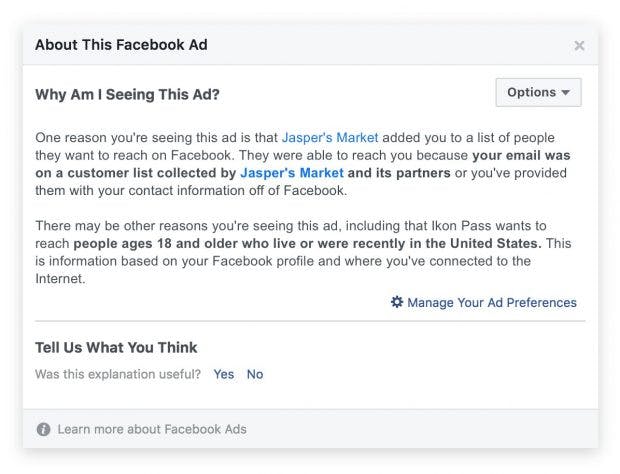 Facebook informiert Nutzer zukünftig über die Herkunft von Custom Audiences. (Screenshot: Facebook)