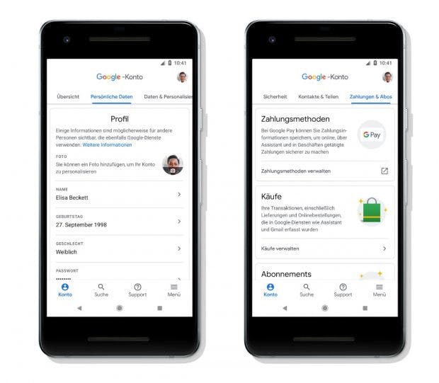 Das neue Google-Konto hat eine vertikale Tab-Navigation