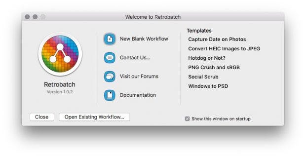 Beim Start von Retrobatch erhalten Nutzer einige vorgefertigte Templates oder können eigene bauen. (Screenshot: Retrobatch)