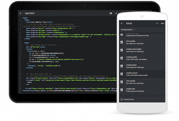 Codeaynwhere is available as a web app and for the iOS and Android systems.  (Graphic: Codeanywhere)