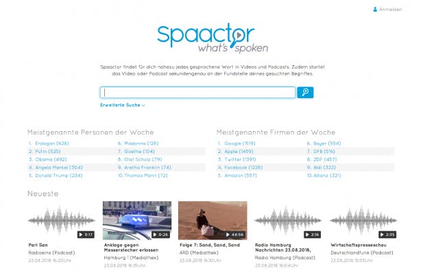 Mit Spaactor können Nutzer Audio-Inhalte im Netz durchsuchen. (Screenshot: Spaactor)