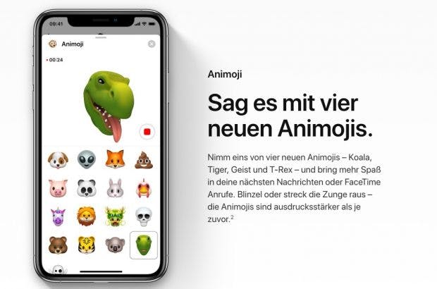 iOS 12 bringt vier neue Animoji: Koala, Tiger, Geist und T. Rex. (Screenshot: Apple)