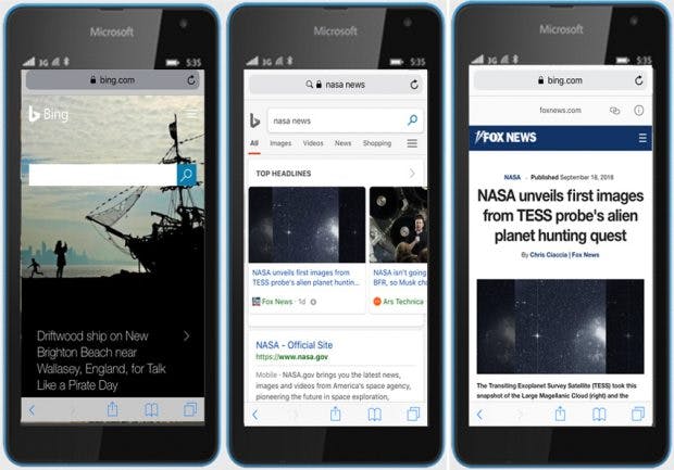 Auch die mobilen Suchergebnisse auf Bing liefern bald Seiten im AMP-Format aus. Hier verdeutlicht anhand einer wenig professionell wirkenden Bildmontage von Microsoft. (Grafik: Microsoft)