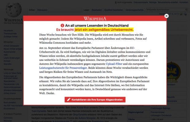 Wikipedia kämpft gegen Uploadfilter. (Screenshot: Wikipedia)