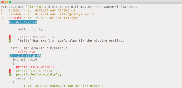 Der neue Befehl „git range-diff“ zeigt im Gegensatz zu „git diff“ die Änderungen von ganzen Commit-Sequenzen an. (Screenshot: Github)