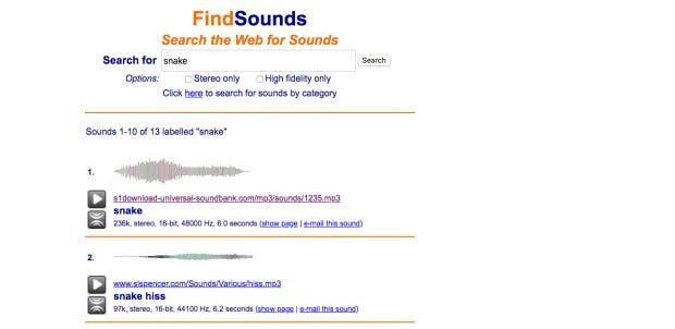 Findsounds stöbert Sound-Dateien für euch auf. (Screenshot: Findsounds)