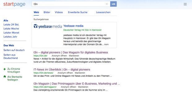 Die Google-Alternative Startpage schützte eure Privatsphäre. (Screenshot: Startpage)