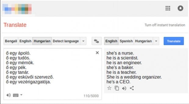 Google Translate: Sie ist eine Krankenschwester, er ist ein Wissenschaftler. (Screenshot: Google Translate / Marcelo O. R. Prates, Pedro H. C. Avelar, Luis Lamb)