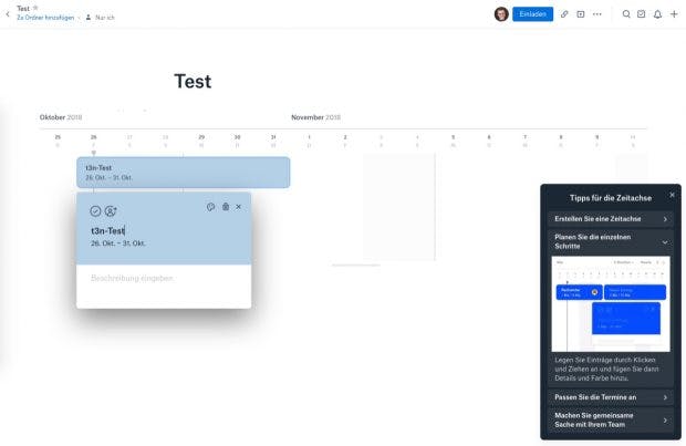 Beim ersten Anlegen einer Timeline unterstützt Dropbox mit einem Tutorial. Die neue Funktion erinnert an Gantt-Charts. (Screenshot: Dropbox / t3n)