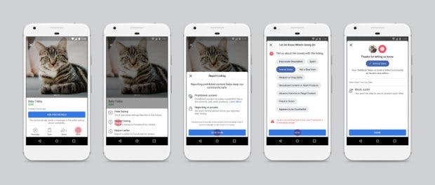 Facebook Marketplace: Anziegen, die gegen die Richtlinien verstoßen, können jetzt einfacher gemeldet werden. (Grafik: Facebook)