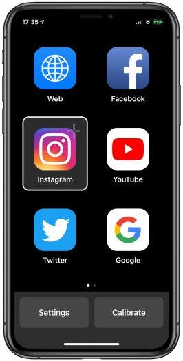 Der Startbildschirm der App bietet einige Favoriten an, über das Web-Icon lässt sich jede beliebige Website ansteuern. (Screenshot: Hawkeye Access / t3n)