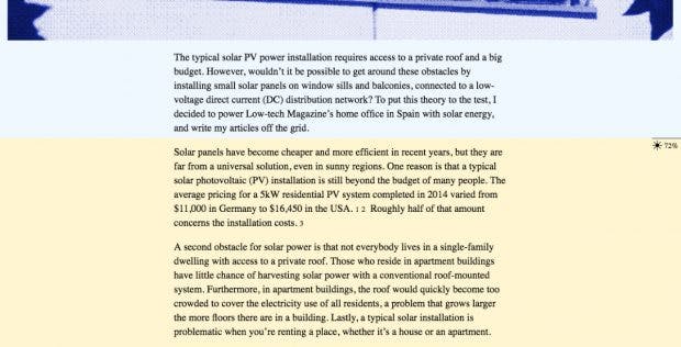 Low-Tech Magazine: Der Akkustand des Servers ist integraler Bestandteil des Seitendesigns. (Screenshot: solar.lowtechmagazine.com/t3n)