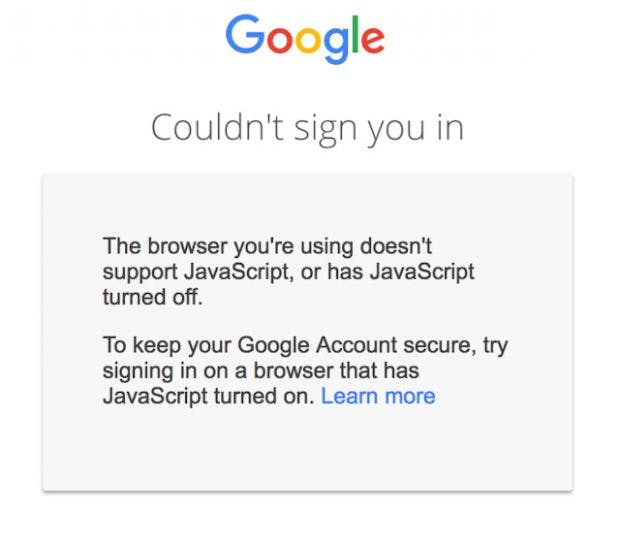 Ohne JavaScript gibt‘s auch kein Gmail: Die Google-Anmeldung setzt zukünftigt zwingend JavaScript voraus. (Screenshot: Google)