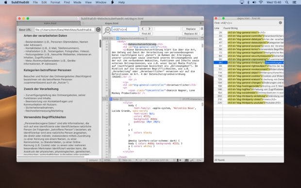 Auch eine Live-Web-Vorschau für HTML, CSS und JavaScript ist mit an Bord von Subethaedit. (Screenshot: The-Coding-Monkeys)