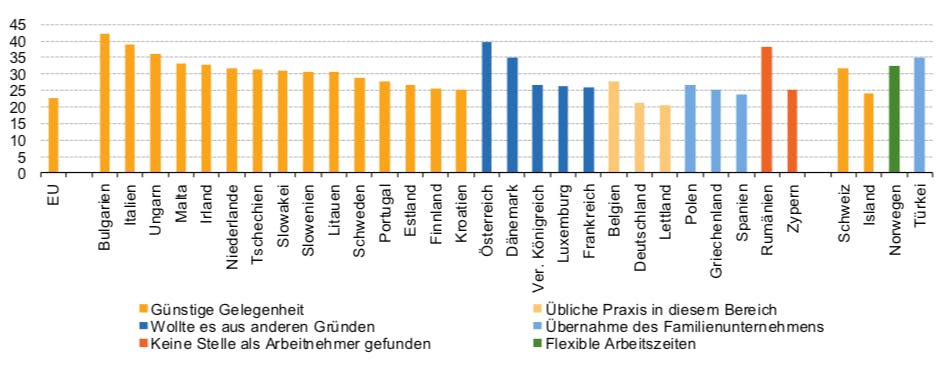 Hauptgrund für die Selbstständigkeit nach Ländern, 2017 (in % der Selbstständigen) (Grafik: Eurostat)