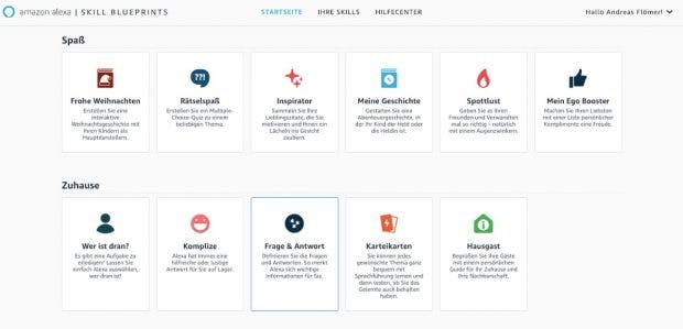 Zum Start in Deutschland der Alexa Skill Blueprints stehen euch elf Funktionen zur Auswahl. (Screenshot: t3n.de)