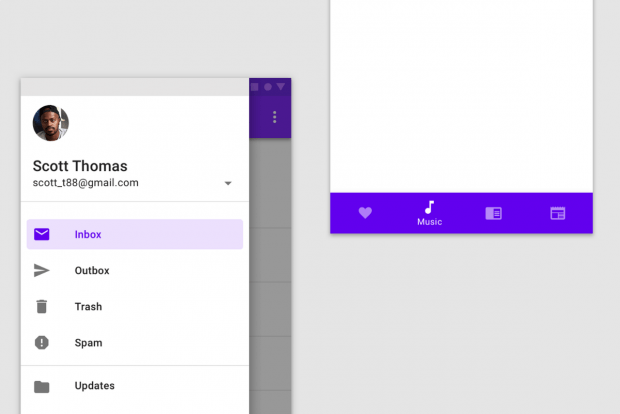 Zwei typische Menüs unter Android. Das Drawer-Menü (links) und die Bottom-Navigation-Bar (rechts). (Grafik: Google/t3n)