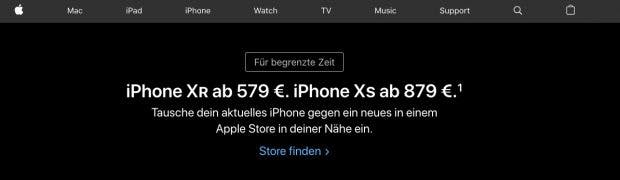 Auf der Startseite von Apple Deutschland wird die Verkaufsaktion des iPhone Xr und Xs aggressiv beworben. (Screenshot: t3n.de)