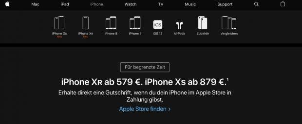 Auch auf den iPhone-Produktseiten bewirbt Apple seine Umtauschaktion. (Screenshot: t3n.de)