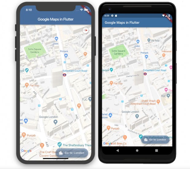 „Platform Views“ integrieren sich nahtlos in Flutter. Über dem Google-Maps-Plugin findet sich ein Flutter-Floating-Action-Button mit Transparenz. (Grafik: Google)