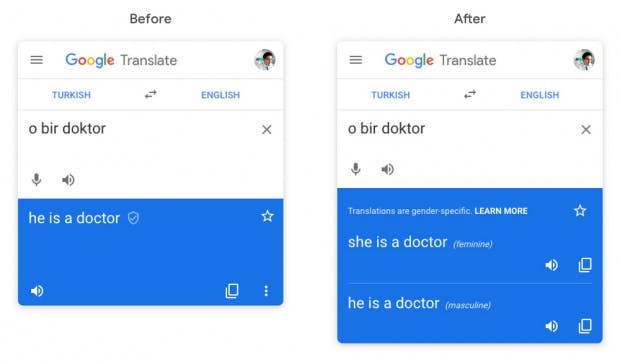 Google Translate soll zukünftig ein weniger stereotypes Geschlechterverständnis an den Tag legen. (Grafik: Google)