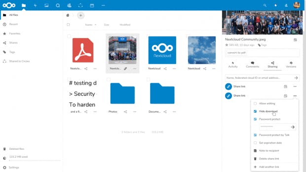 Downloads bei Freigaben lassen sich in Nextcloud 15 jetzt verhindern. Außerdem im neuen Share-Dialog: Die in Nextcloud 14 gekommende Video-Authentifizierung zur Freigabe über Nextcloud Talk. (Screenshot: Nextcloud)