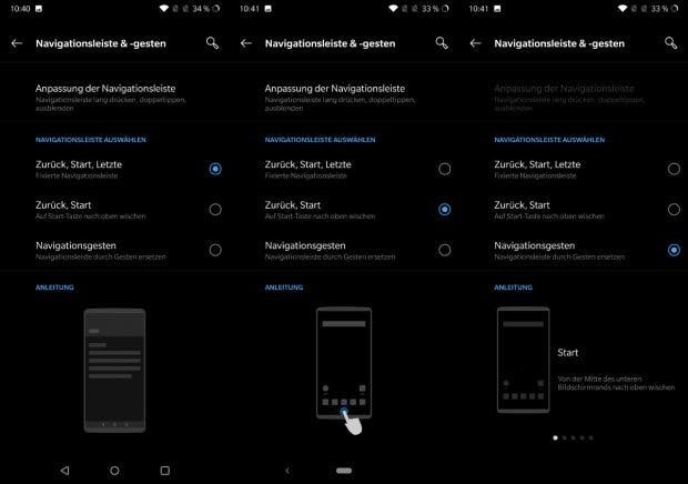 OxygenOS bietet mit Pie drei verschiedene Navigations-Optionen. (Screenshot: t3n.de)
