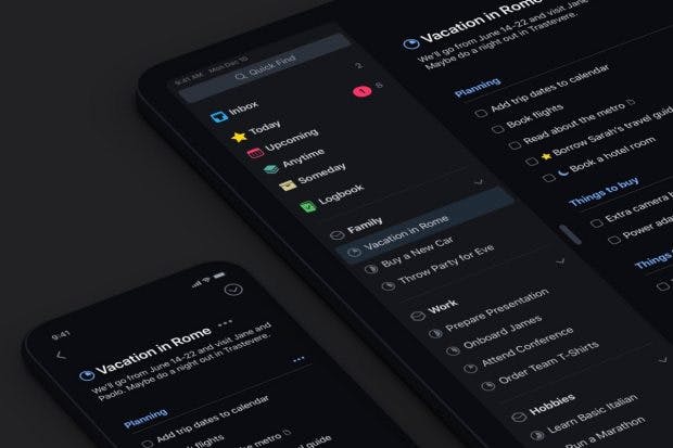 Neben der helleren Variante oben gibt es in der Things-App auch eine Version mit komplett schwarzem Hintergrund. (Grafik: Things)