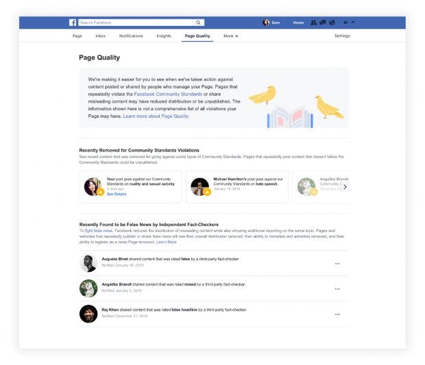 Facebook: Die neue „Page-Quality“-Übersicht für Seitenbetreiber. (Screenshot: Faceboo)