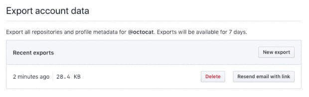 Über euer GitHub-Profil könnt ihr eure Profildaten anfordern. Ein Download-Link wird euch per E-Mail zugeschickt. (Screenshot: GitHub)