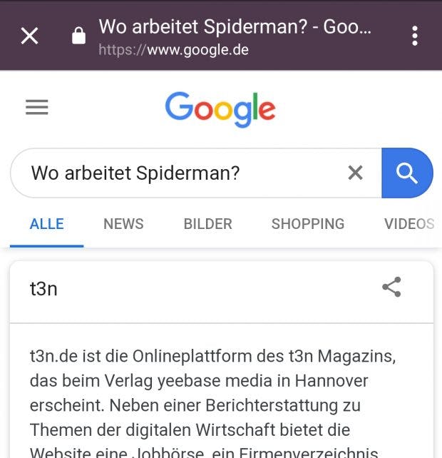 Eine manipulierte Suche auf einem Mobilgerät. (Screenshot: Google/t3n)