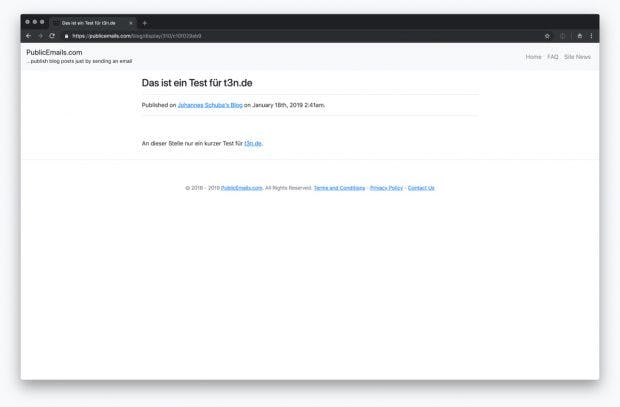 Aus einer E-Mail an publish@publicemails.com wird ein Blogartikel. Außerdem werden grundlegende HTML-Tags unterstützt, so lassen sich zum Beispiel Links setzen. (Screenshot: publicemails.com / t3n.de)
