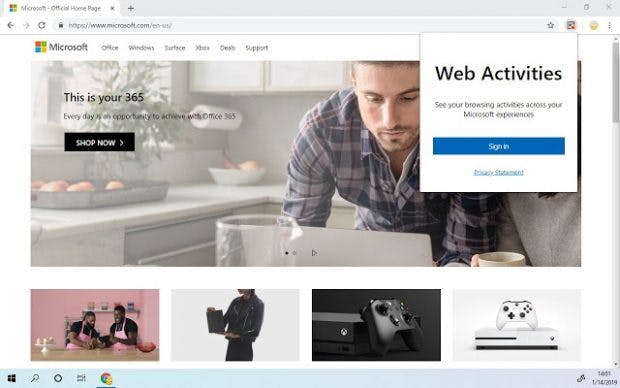 Über die Chrome-Erweiterung von Microsoft lässt sich das Windows-10-Timeline-Feature an Browser auf Chromium-Basis anbinden. (Bild: Microsoft)