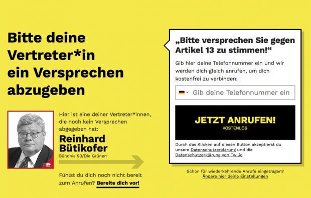 "Wir werden nur Politiker*innen wählen, die gegen Artikel 13 stimmen": Pledge 2019 verbindet Reformgegner mit EU-Parlamentariern. (Screenshot: pledge2019.eu / t3n)"Wir werden nur Politiker*innen wählen, die gegen Artikel 13 stimmen": Pledge 2019 verbindet Reformgegner mit EU-Parlamentariern. (Screenshot: pledge2019.eu / t3n)