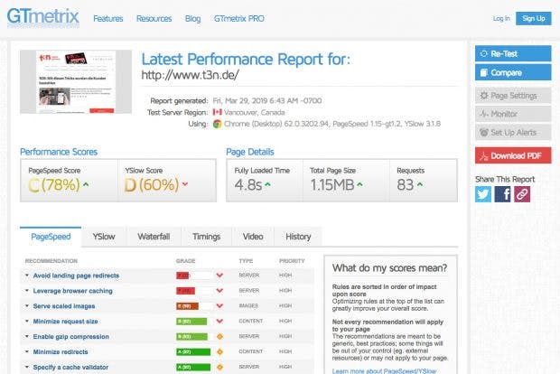 GTmetrix combines different rating systems for the speed of websites and has a powerful filter tool.  (Screenshot: GTmetrix / t3n)