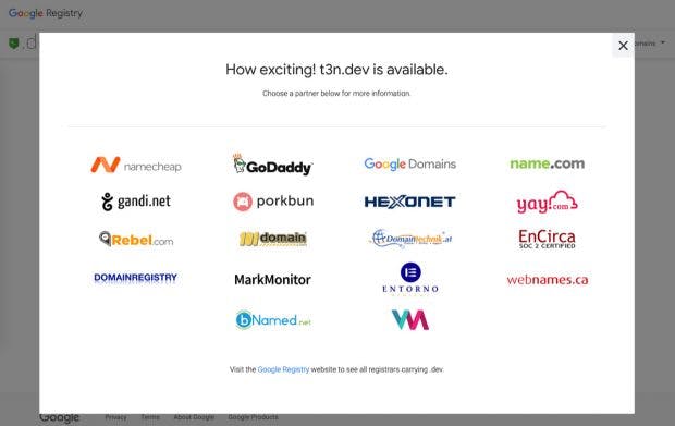 .dev-Domains stehen jetzt neben Google Domains auch bei diversen anderen Registraren bereit. (Screenshot: Google Registry)