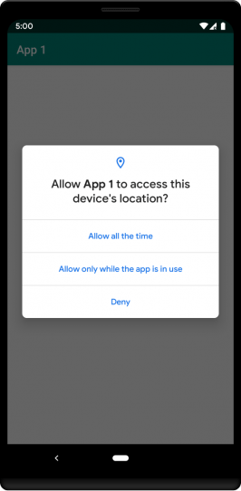 Die neue Standort-Abfrage in der ersten Android Q Beta fragt auch nach dem Zugriff im Hintergrund-Betrieb. (Grafik: Google)