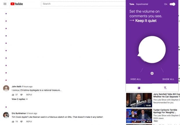 KI filtert toxische Kommentare aus: Je nach Reglereinstellung bleibt bei Youtube nicht viel übrig. (Screenshot: Youtube/Tune/t3n)