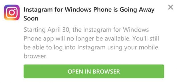 Instagram-Warnung auf Windows Phone
