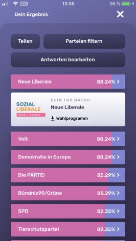 In der App Wahlswiper können auch kleinere Parteien, die der Nutzer vorher nicht kannte, es an die Spitze des Rankings schaffen. (Screenshot: t3n)