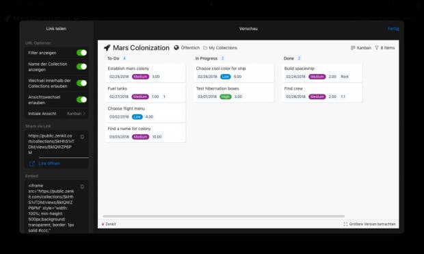 Jedes Zenkit-Projekt können Nutzer jetzt in Websites einbetten oder über einen öffentlichen Zenkit-Link zur Verfügung stellen. (Screenshot: Zenkit)