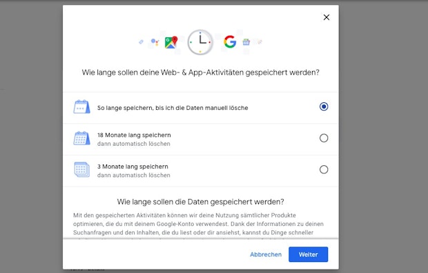 Google bringt automatisiertes Löschen der Standortdaten und Webaktivitäten. (Screenshot: t3n)